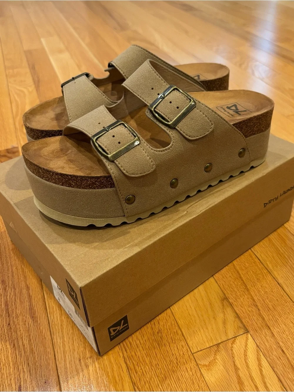 Dirty Laundry Tan Micro Suede Double-Buckle Platform Clogs